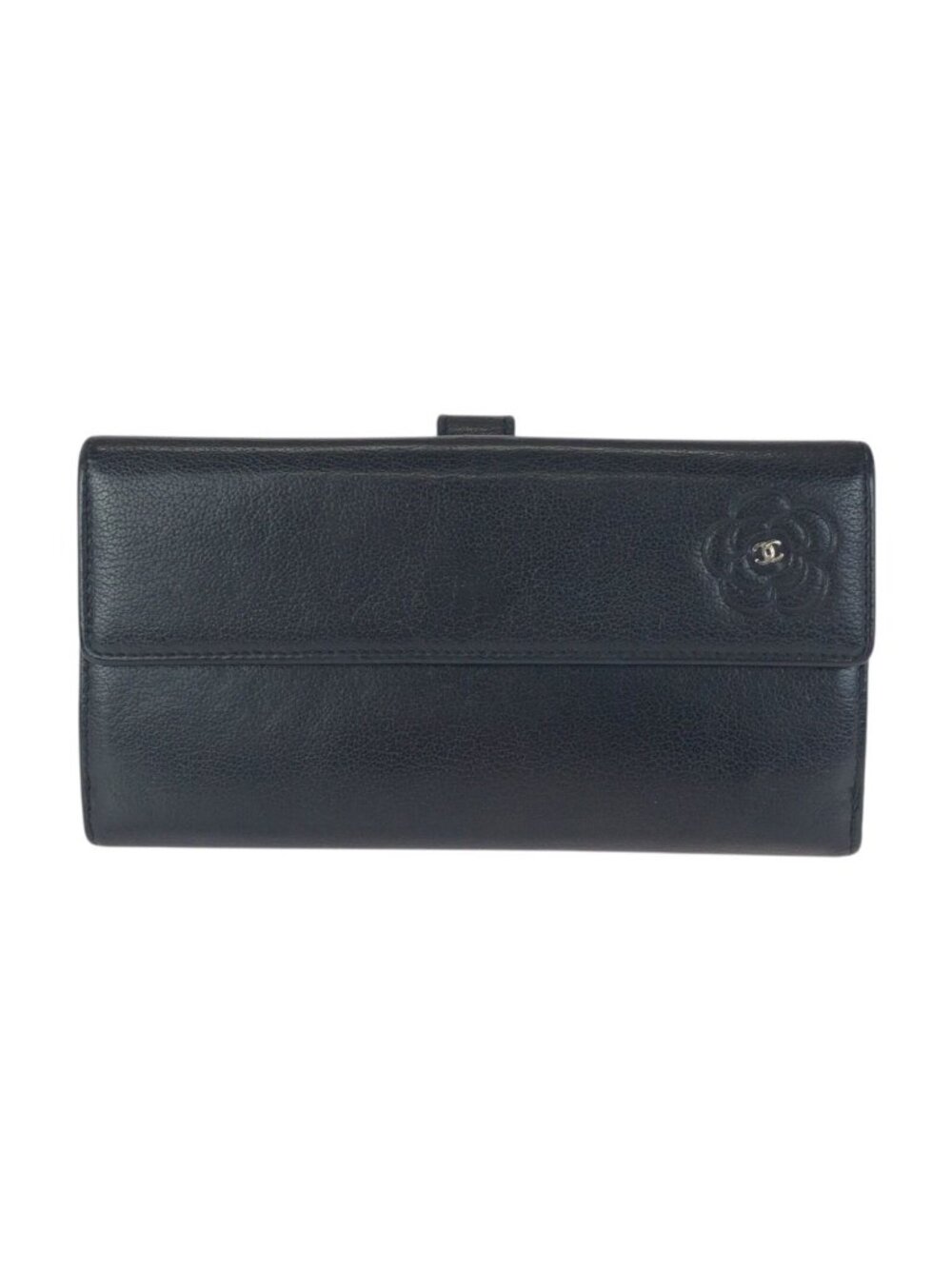 Chanel Camellia CC Logo Black Silver Leather Wallet